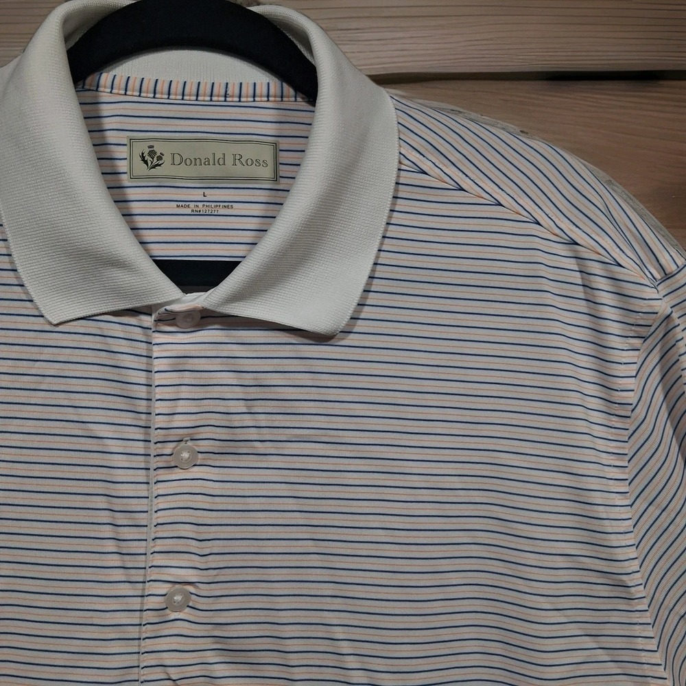 Mens Large Donald Ross Golf polo, Navy And Orange Stripes short sleeve